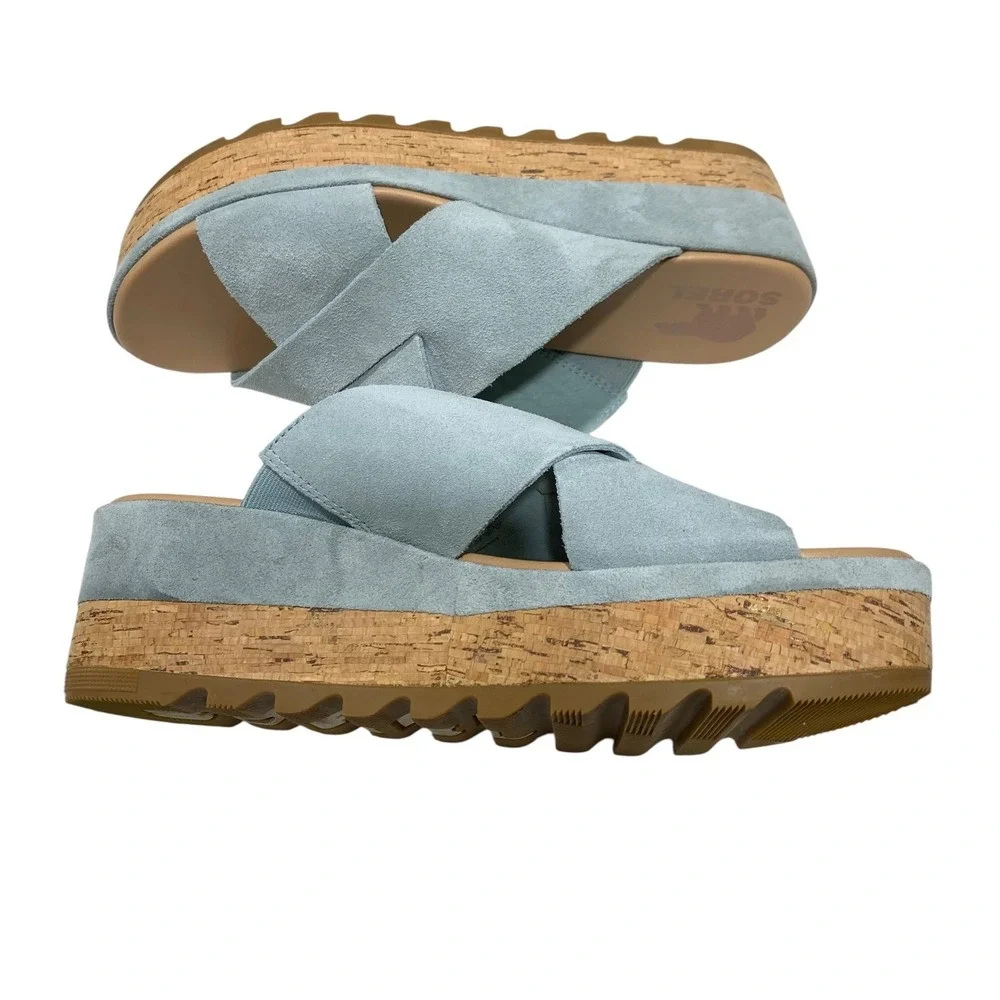 Sorel Cameron Flatform Mule Crushed Blue Suede Sandal Women's Size 9